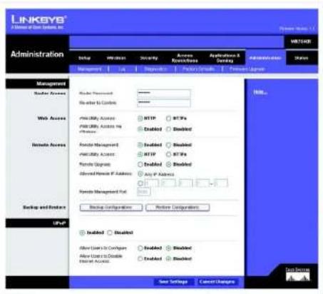 LINKSYS Wireless-G WRT54GR - Registerkarte „Administration“ (Verwaltung) – „Management“ (Verwaltungsfunktionen) - 1