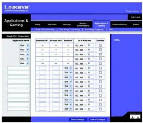 LINKSYS A Division of Color Systems, Inc. Applications & Gaming Control Unknown Security Access IP Service Internal Port & Gaming Administering Status Single Port Forwarding Net Margin Forwarding Port Range Operating EPC Single Port Forwarding Application Name None 10 None 10 None 10 None 10 External Port Internal Port Protocol To IP Address Enabled 102 100 1.0 102 100 1.0 102 100 1.0 102 100 1.0 102 100 1.0 102 100 1.0 102 100 1.0 102 100 1.0 102 100 1.0 103 100 1.0 103 100 1.0 103 100 1.0 103 100 1.0 103 100 1.0 103 100 1.0 103 100 1.0 103 100 1.0 103 105 1.0 103 105 1.0 103 105 1.0 103 105 1.0 103 105 1.0 103 105 1.0 103 105 1.0 103 105 1.0 Save Settings Cancel Changes.