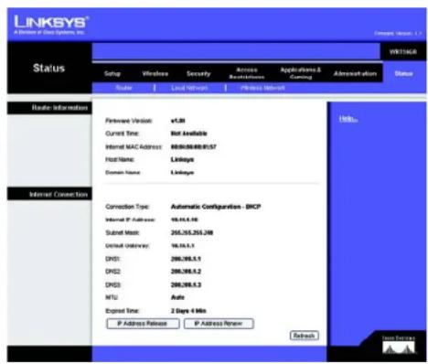 LINKSYS Wireless-G WRT54GR - Registerkarte „Status“ – „Router“ - 1