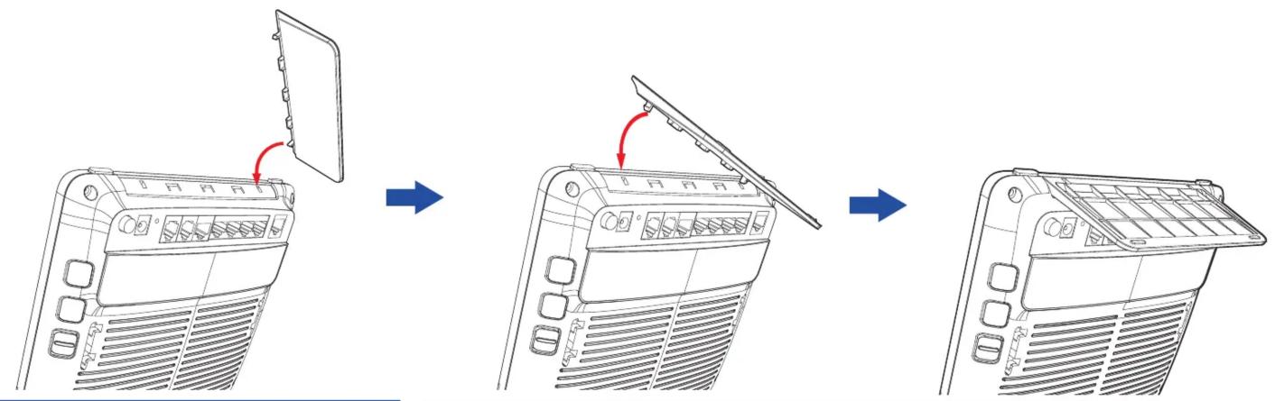 Diagram illustrating the step-by-step assembly of a device's front panel, showing disassembly and mounting process.