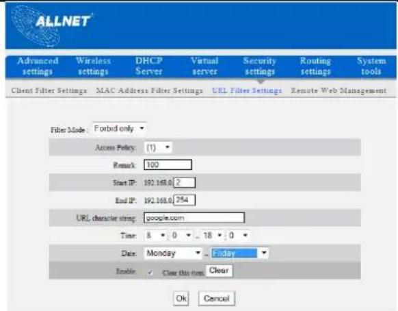 Allnet ALL02300N - URL Filter Settings - 2