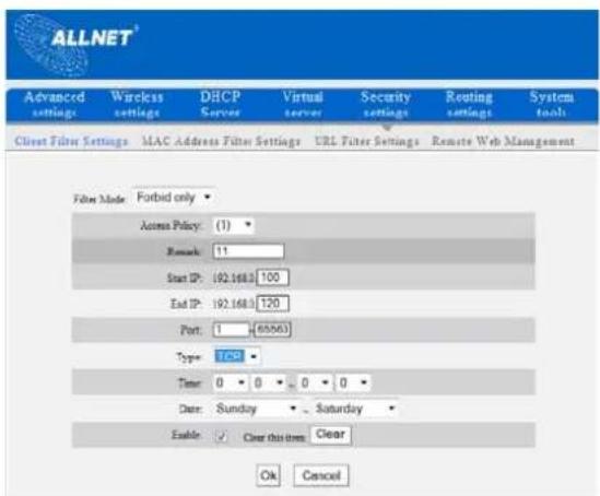 Allnet ALL02300N - Client Filter Settings - 2