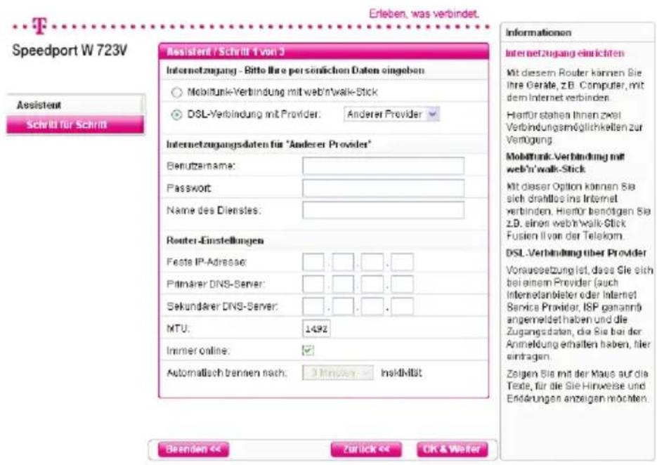T-Mobile Speedport W 723V - 3b. Zugangsdaten für andere Provider - 1