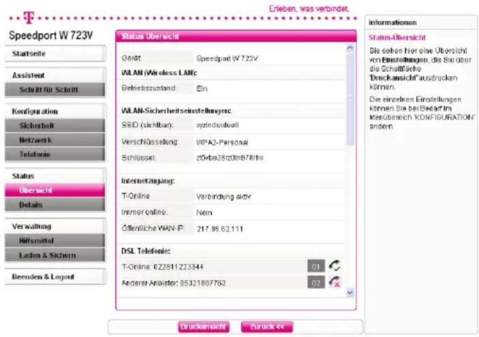 T-Mobile Speedport W 723V - Status des Speedport W 723V anzeigen. - 1