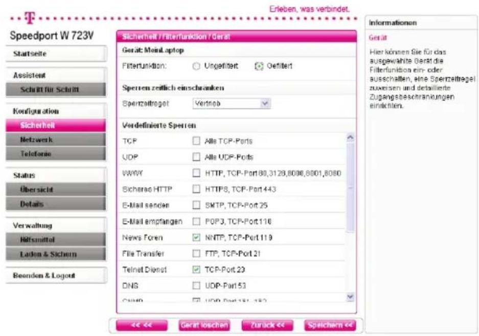 T-Mobile Speedport W 723V - Einstellen der Filterfunktion je Gerät - 1