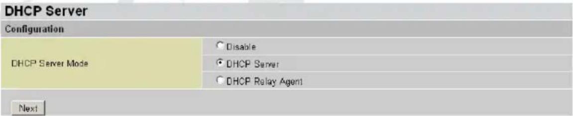DHCP Server Configuration DHCP Server Mode Disable DHCP Server DHCP Relay Agent1 Next