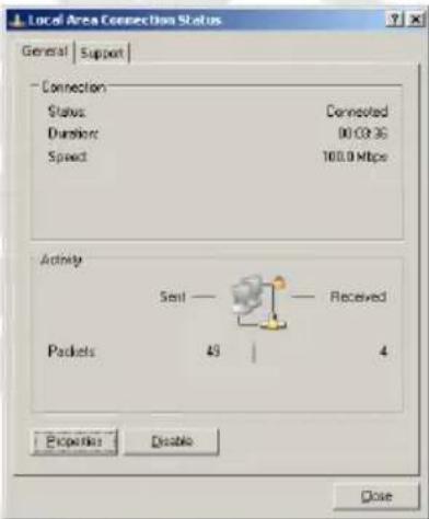Local Area Connection Status General | Support | - Connection Status Comnected Duration 00:00:3G Speed 100.0 Mbps Activity Sent Received Packets 45 4 Expedition Disable Close
