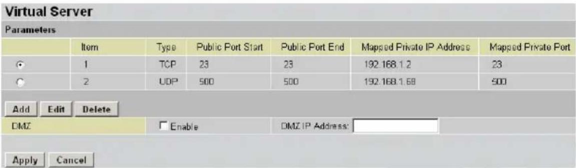 Virtual Server Parameters Item Type Public Port Start Public Port End Mapped Private IP Address Mapped Private Port 1 TCP 23 23 192.168.1.2 23 2 UDP 500 500 192.168.1.68 500 Add Edit Delete DMZ Enable DMZ IP Address: Apply Cancel