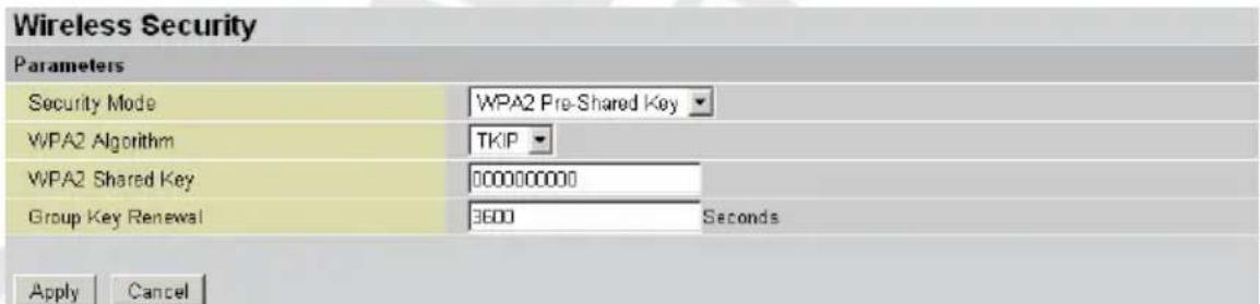 Wireless Security Parameters Security Mode WPA2 Pre-Shared Key WPA2 Algorithm TKIP WPA2 Shared Key 000000000 Group Key Renewal 3600 Seconds Apply Cancel