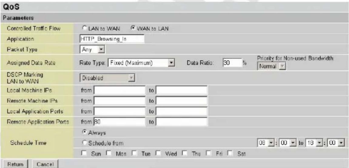 QoS Parameters Controlled Traffic Flow ○ LAN to WAN ○ WAN to LAN Application HTTP_Browsing_In Packet Type Any Assigned Data Rate Rate Type: Fixed (Maximum) ▼ Data Ratio: 30 % Priority for Non-used Bandwidth Normal DSCP Marking LAN to WAN Disabled Local Machine IPs from to Remote Machine IPs from to Local Application Ports from to Remote Application Ports from 80 to Schedule Time ● Always ○ Schedule from 08 : 00 ▼ to 18 : 00 □ Sun □ Mon □ Tue □ Wed □ Thu □ Fri □ Sat Return Cancel