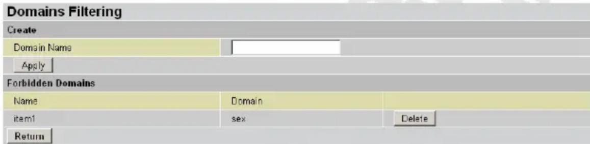 Domains Filtering Create Domain Name Apply Forbidden Domains Name Domain item1 sex Delete Return