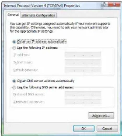 Internet Protocol Version 4 (TCP/IPv6) Properties General Alternate Configuration You can get IP settings assigned automatically if your network supports this capability. Otherwise, you need to ask your network administrator for the appropriate IP settings. Obtain an IP address automatically Use the following IP address: IP address: ... Subnet mask: ... Default gateway: ... Obtain DNS server address automatically Use the following DNS server addresses: Preferred DNS server: ... Alternate DNS server: ... Advanced... OK Cancel