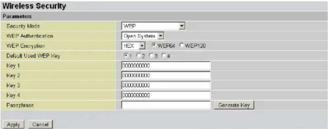 Wireless Security Parameters Security Mode WEP WEP Authentication Open System WEP Encryption HEX ⬆ WEP64 ⬆ WEP128 Default Used WEP Key ● 1 ○ 2 ○ 3 ○ 4 Key 1 000000000 Key 2 000000000 Key 3 000000000 Key 4 000000000 Passphrase Generate Key Apply Cancel