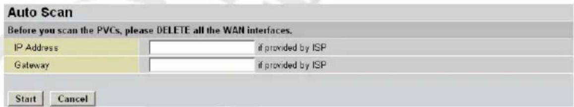 Auto Scan Before you scan the PVCs, please DELETE all the WAN interfaces. IP Address if provided by ISP Gateway if provided by ISP Start Cancel