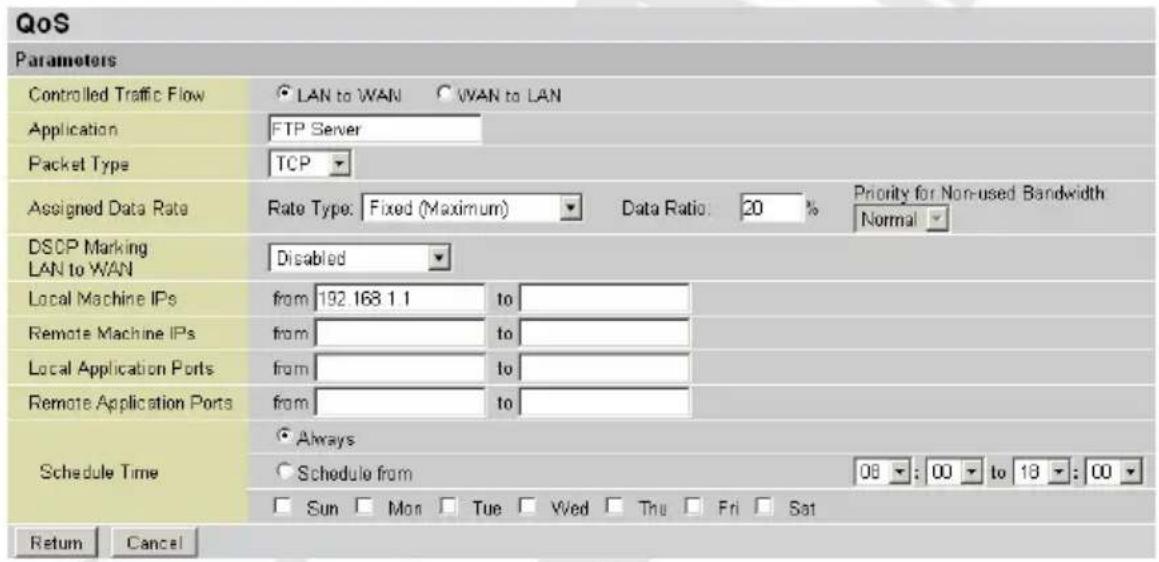 QoS Parameters Controlled Traffic Flow LAN to WAN WAN to LAN Application FTP Server Packet Type TCP Assigned Data Rate Rate Type: Fixed (Maximum) Data Ratio: 20 % Priority for Non-used Bandwidth Normal DSCP Marking LAN to WAN Disabled Local Machine IPs from 192.168 1.1 to Remote Machine IPs from to Local Application Ports from to Remote Application Ports from to Schedule Time Always Schedule from 08 : 00 to 13 : 00 Sun Mon Tue Wed Thu Fri Sat Return Cancel