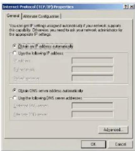 Internet Protocol (TCP/IP) Properties General | Alternate Configuration | You can get IP settings assigned automatically if you network supports this capability. Otherwise, you need to ask your network administrator for the appropriate IP settings. ○ Obtain on IP address automatically ○ Use the following IP address: Address: Shortmark: Default password: ○ Obtain DNS server address automatically ○ Use the following DNS server addresses: Default DNS server: Alternate TID server: Advanced... OK Cancel