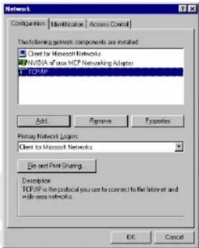 Network Configuration Identification Access Control The following network components are installed: □ Client for Microsoft Networks □ NVIDIA of once MCP Networking Adaptor TCP/IP Add Remove Properties Primary Network Logins: Client for Microsoft Networks File and Print Sharing Description TCP/IP is the protocol you use to connect to the Internet and write-case networks. OK Cancel