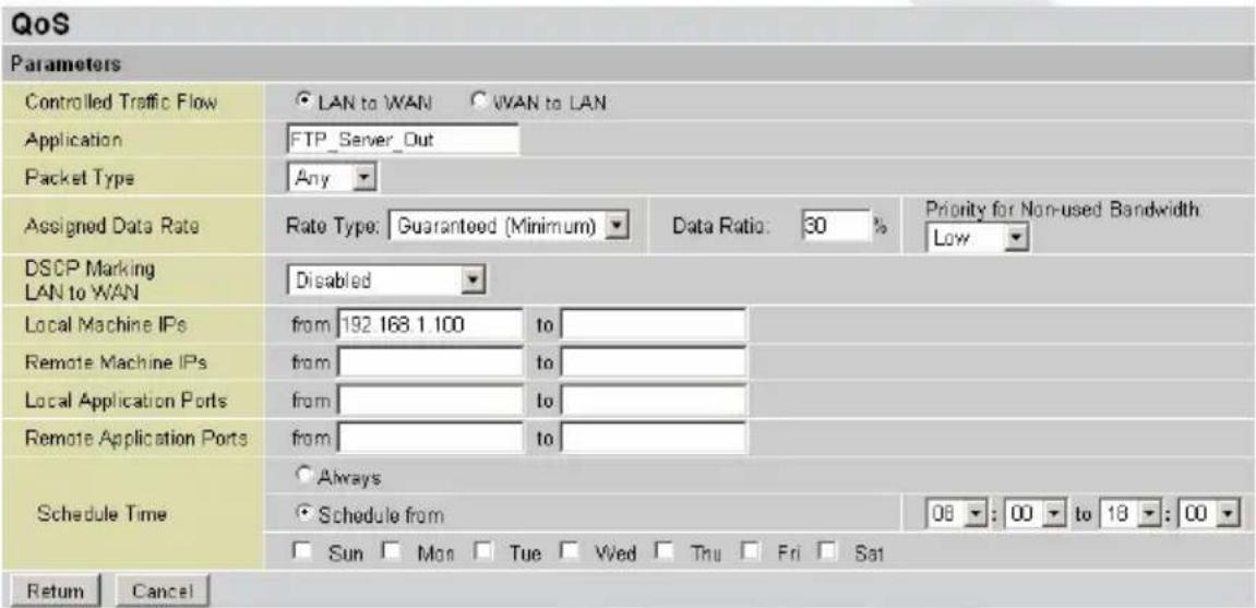 QoS Parameters Controlled Traffic Flow LAN to WAN WAN to LAN Application FTP_Server_Out Packet Type Any Assigned Data Rate Rate Type: Guaranteed (Minimum) Data Ratio: 30 % Priority for Non-used Bandwidth: Low DSCP Marking LAN to WAN Disabled Local Machine IPs from 192 168 1.100 to Remote Machine IPs from to Local Application Ports from to Remote Application Ports from to Schedule Time Always Schedule from Sun Mon Tue Wed Thu Fri Sat 06 : 00 to 18 : 00 Return Cancel