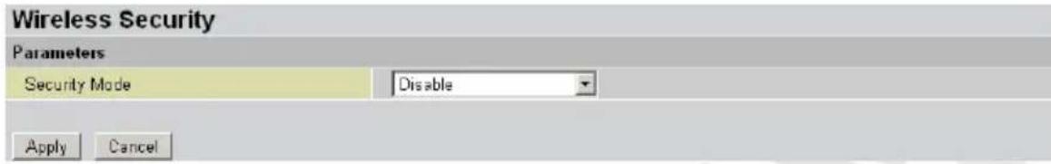 Wireless Security Parameters Security Mode Disable Apply Cancel