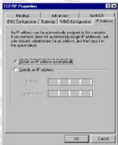 TCP/IP Properties Bindings Advanced NorBIOS DNS Configuration Gateway WINS Configuration IP Address An IP address can be automatically assigned to this computer. If your network does not automatically design IP addresses, ask your network administrator for an address, and then type it in the space below. Obtain an IP address automatically Specify on IP address: Address 1 2 3 Copyrights 1 2 3 OK Cancel