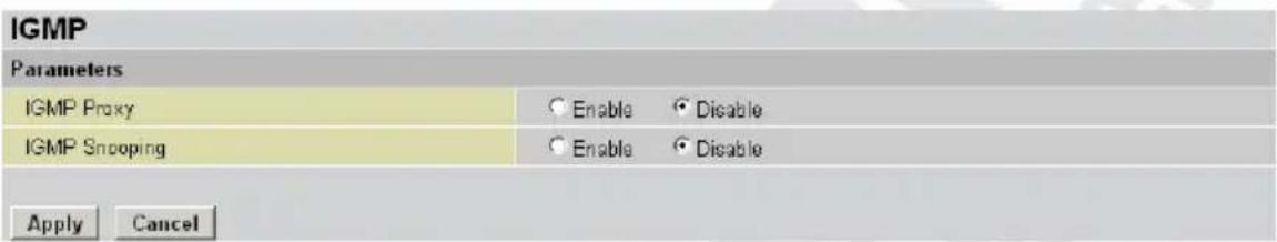 IGMP Parameters IGMP Proxy Enable Disable IGMP Snooping Enable Disable Apply Cancel