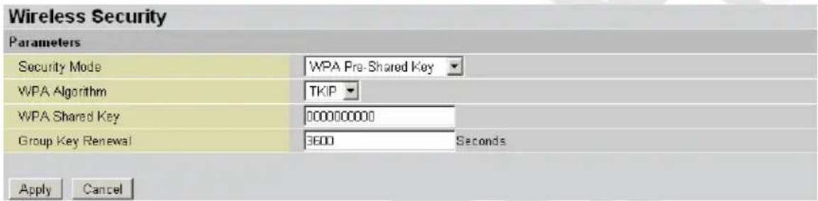 Wireless Security Parameters Security Mode WPA Pre-Shared Key WPA Algorithm TKIP WPA Shared Key 000000000 Group Key Renewal 3600 Seconds Apply Cancel