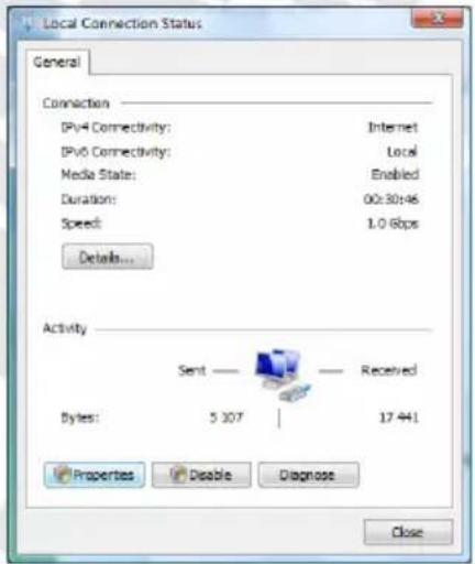 Local Connection Status General Connection IPv4 Connectivity: Internet IPv6 Connectivity: Local Media State: Enabled Duration: 00:30:46 Speed: 1.0 Gbps Details... Activity Sent —— Received Bytes: 5 307 | 17 441 Properties Enable Diagnose Close