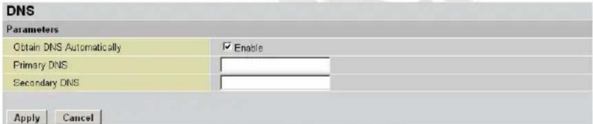 DNS Parameters Obtain DNS Automatically Enable Primary DNS Secondary DNS Apply Cancel
