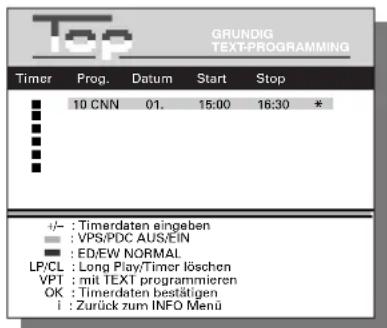 Top GRUNDIG TEXT-PROGRAMMING Timer Prog. Datum Start Stop ■ 10 CNN 01. 15:00 16:30 * +: :Timerdaten eingaben ■ :VPS/PDC AUS/EN ■ :ED/EW NORMAL LP/CL :Long Play/Timer löschen VPT :mit TEXT programmieren OK :Timerdaten bestätigen i :Zurück zum INFO Menu