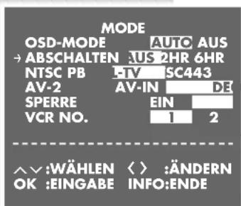 MODE OSD-MODE AUTO AUS →ABSCHALTEN 2HR 6HR NTSC PB LTV SC443 AV-2 AV-IN DE SPERRE EIN VCR NO. 1 2 ^∨:WÄHLEN < > :ÄNDERN OK :EINGABE INFO:ENDE