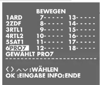BEWEGEN 1ARD 7- - - - 13- 2ZDF 8- - - - 14- 3RTL1 9- - - - 15- 4RTL2 10- - - - 16- 5SAT1 11- - - - 17- 6PRO7 12- - - - 18- GEWAHLT PRO7 < > ∧ ∨:WÄHLEN OK :EINGABE INFO:ENDE