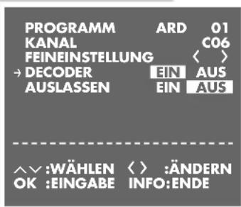 PROGRAMM ARD 01 KANAL C06 FEINEINSTELLUNG ⟨ > → DECODER EIN AUS AUSLASSEN EIN AUS ^^:WÄHLEN ⟨ > :ÄNDERN OK :EINGABE INFO:ENDE