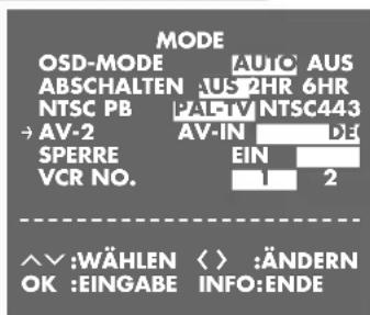 MODE OSD-MODE AUTO AUS ABSCHALTEN 2HR 6HR NTSC PB PALETV NTSC443 → AV-2 AV-IN DE SPERRE EIN VCR NO. 1 2 ^^:WÄHLEN < > :ÄNDERN OK :EINGABE INFO:ENDE