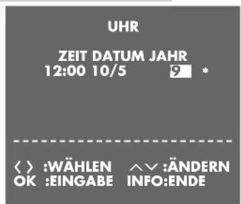 UHR ZEIT DATUM JAHR 12:00 10/5 9 * < > :WÄHLEN ∧ ∨ :ÄNDERN OK :EINGABE INFO:ENDE
