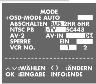 MODE →OSD-MODE AUTO ABSCHALTEN :US 2HR 6HR NTSC PB LTV SC443 AV-2 AV-IN DE SPERRE EIN VCR NO. 1 2 ^∨:WÄHLEN < > :ÄNDERN OK :EINGABE INFO:ENDE