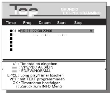 GRUNDIG TEXT-PROGRAMMING Timer Prog. Datum Start Stop 01 ARD 11.22:30 23:00 * #: ..., :; :; : # # # # # # # # # # # # # # # # # # # # # # # # # # # # # # # # # # # # # # # # # # # # # # # # # # # # # # # # # # # # # # # # # # # # # # # # # # # # # # # # # # # # # # # # # # # # # # # # # # # # #- Timerdaten eingeben VPS/PDC AUSEIN ED/EW/NORMAL LP/CL: Long play/Timer löschen VPT: mit TEXT programmieren OK: Timerdaten bestätigen I: Zurück zum INFO Menu