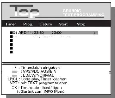 GRUNDIG TEXT-PROGRAMMING Timer Prog. Datum Start Stop 01 ARD 11.22:30 23:00 * --- --- --- --- i/:-: Timerdaten eingeben : VPS/PDC AUS/EIN : ED/EW/NORMAL LP/CL : Long play/Timer löschen VPT : mit TEXT programmieren OK : Timerdaten bestätigen i : Zurück zum INFO Menü