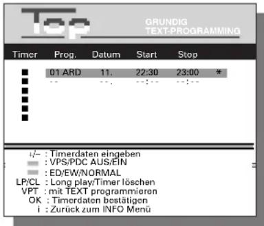 GRUNDIG TEXT-PROGRAMMING Timer Prog. Datum Start Stop 01 ARD 11. 22:30 23:00 * VPS/PDC AUS/EIN ED/EW/NORMAL LP/CL Long play/Timer löschen VPT mit TEXT programmieren OK Timerdaten bestätigen Zurück zum INFO Menu