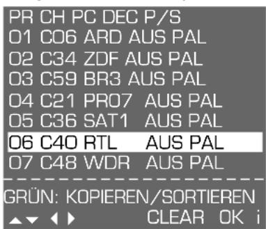 PR CH PC DEC P/S 01 C06 ARD AUS PAL 02 C34 ZDF AUS PAL 03 C59 BR3 AUS PAL 04 C21 PRO7 AUS PAL 05 C36 SAT1 AUS PAL 06 C40 RTL AUS PAL 07 C48 WDR AUS PAL GRÜN: KOPIEREN/SORTIEREN ▲▼ ◀◀ CLEAR OK i