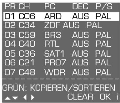 PR CH PC DEC P/S 01 CO6 ARD AUS PAL 02 C34 ZDF AUS PAL 03 C59 BR3 AUS PAL 04 C40 RTL AUS PAL 05 C36 SAT1 AUS PAL 06 C21 PRO7 AUS PAL 07 C48 WDR AUS PAL GRÜN: KOPIEREN/SORTIEREN ▲▼◀◀ CLEAR OK i