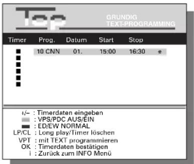 GRUNDIG TEXT-PROGRAMMING Timer Prog. Datum Start Stop ■ 10 CNN 01. 15:00 16:30 * ■ ■ ■ ■ ■ ■ ■ v/- : Timerdaten eingeban □ : VPS/PDC AUS/£IN ■ : ED/EW NORMAL LP/CL : Long play/Timer löschen VPT : mit TEXT programmieren OK : Timerdaten bestätigen i : Zurück zum INFO Menu