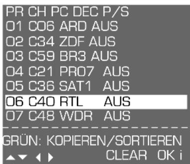 PR CH PC DEC P/S 01 C06 ARD AUS 02 C34 ZDF AUS 03 C59 BR3 AUS 04 C21 PR07 AUS 05 C36 SAT1 AUS 06 C40 RTL AUS 07 C48 WDR AUS GRÜN: KOPIEREN/SORTIEREN ▲▼ ◀ ▶ CLEAR OK i