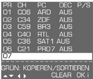 PR CH PC DEC P/S 01 C06 ARD AUS 02 C34 ZDF AUS 03 C59 BR3 AUS 04 C40 RTL AUS 05 C36 SAT1 AUS 06 C21 PRO7 AUS 07 GRÜN: KOPIEREN/SORTIEREN ▲▼ ◀ ▶ CLEAR OK i