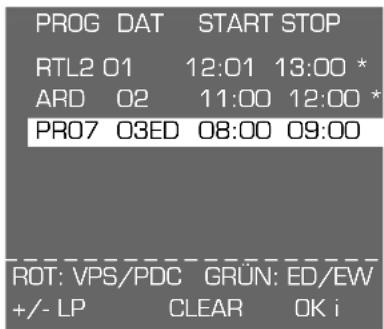 PROG DAT START STOP RTL2 01 12:01 13:00 * ARD 02 11:00 12:00 * PR07 03ED 08:00 09:00 ROT: VPS/PDC GRÜN: ED/EW +/- LP CLEAR OK i