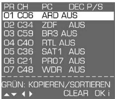 PR CH PC DEC P/S 01 C06 ARD AUS 02 C34 ZDF AUS 03 C59 BR3 AUS 04 C40 RTL AUS 05 C36 SAT1 AUS 06 C21 PRO7 AUS 07 C48 WDR AUS GRÜN: KOPIEREN/SORTIEREN ▲▼◀◀ CLEAR OK i