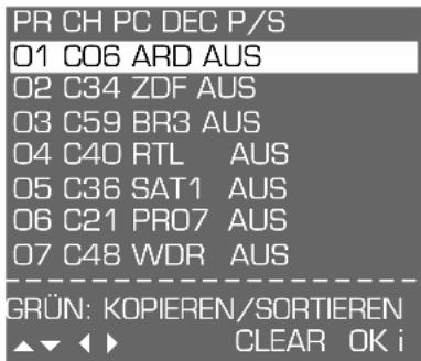 PR CH PC DEC P/S 01 CO6 ARD AUS 02 C34 ZDF AUS 03 C59 BR3 AUS 04 C40 RTL AUS 05 C36 SAT1 AUS 06 C21 PRO7 AUS 07 C48 WDR AUS GRÜN: KOPIEREN/SORTIEREN ▲▼ ◀ ▶ CLEAR OK i