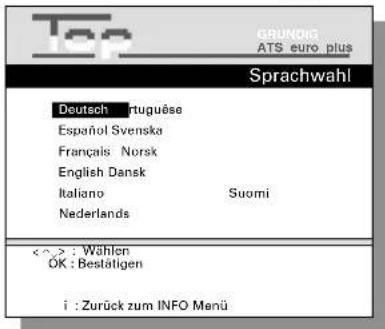 Top GRUNOG ATS euro plus Sprachwahl Deutsch -rtuguëse Español Svenska Français Norsk English Dansk Italiano Suomi Nederlands <^> : Wählen OK : Bestätigen i : Zurück zum INFO Menü