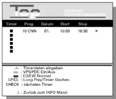 GRUNDIG TEXT-PROGRAMMING Timer Prog. Datum Start Stop ■ 10 CNN 01. 15:00 16:30 * ■ ■ ■ ■ ■ i : Zürück zum INFO Menü