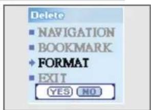 Delete ■ NAVIGATION ■ BOOKMARK → FORMAT ■ EXIT YES NO