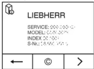 LIEBHERR KBes 3750 Premium BioFresh - Gerätebezeichnung (Model und Index), Service-Nr. (Service) und Serial-Nr. (S-Nr.) über den Bildschirm abrufen: - 2